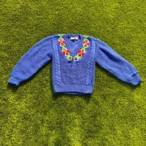 Vintage 80’s puff sleeve v neck sweater with argyle primary color collar design